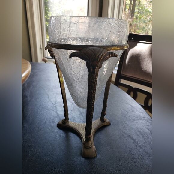 Glass Cone Bowl w/Brass Ram Footed Stand - Picture 3 of 9